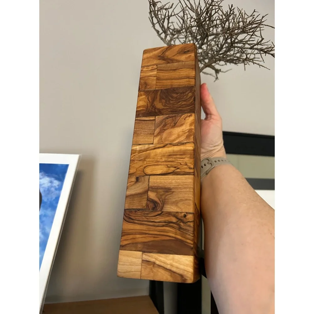 Olive Wood Patchwork Rectangular Vase Decorative‎ Mosaic Wood Holder 10.5 Inch